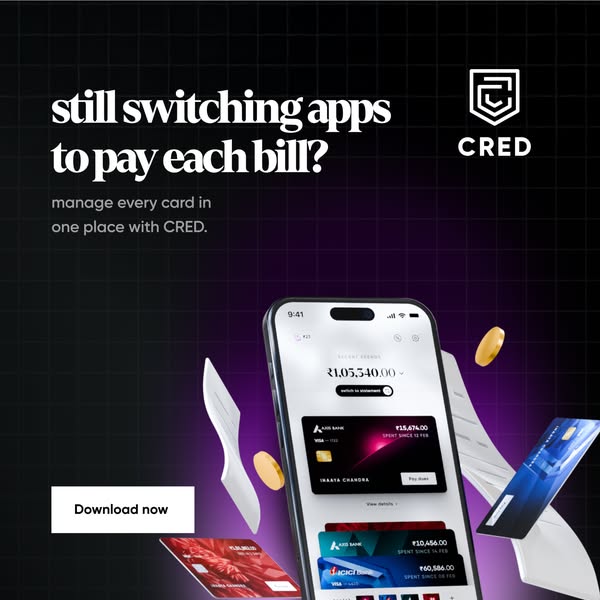 This ad for CRED highlights the problem of switching between multiple apps to pay bills and offers CRED as a solution to