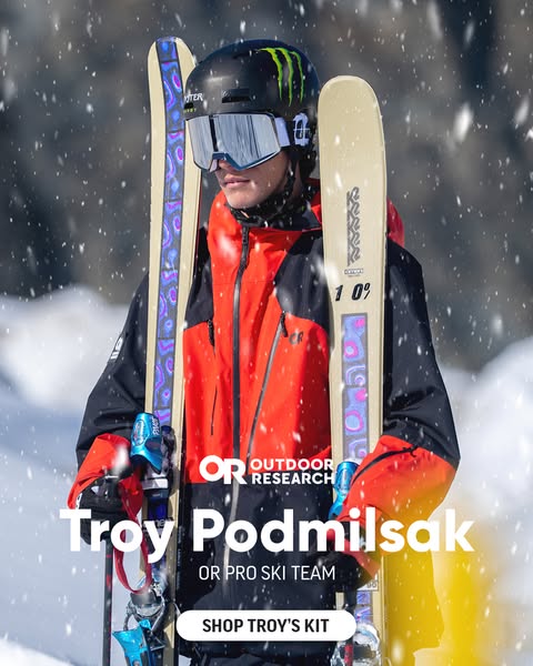 This ad features professional skier Troy Podmilsak wearing Outdoor Research gear. It aims to drive sales of Troy's k