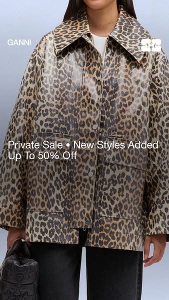 This ad for GANNI features a woman wearing a leopard print jacket. The ad promotes a private sale with up to 50% off and
