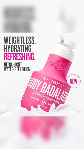 This ad showcases the new Sol de Janeiro Body Badalada Skin Refresh Water Lotion. It is positioned as weightless, hydrat