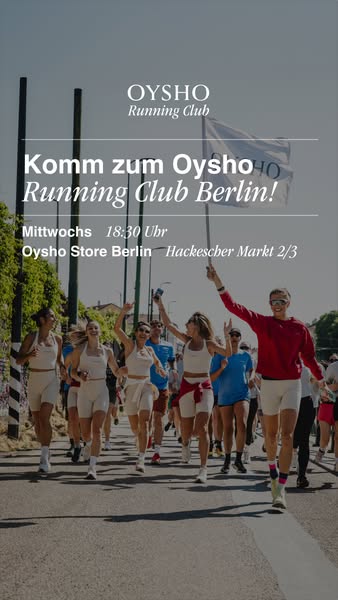 This image ad promotes the Oysho Running Club in Berlin, inviting people to join their event on Wednesdays at 18:30 at t