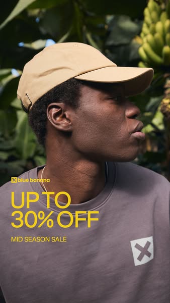 An image ad featuring a person wearing Blue Banana apparel with the text overlay "UP TO 30% OFF MID SEASON SALE&quo