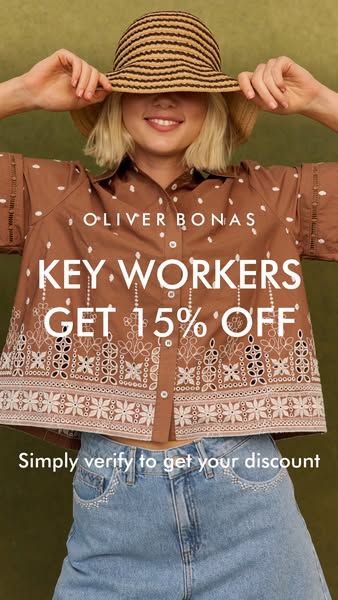 This image ad from Oliver Bonas features a woman wearing a hat and shirt from their brand. The ad promotes 15% off for k