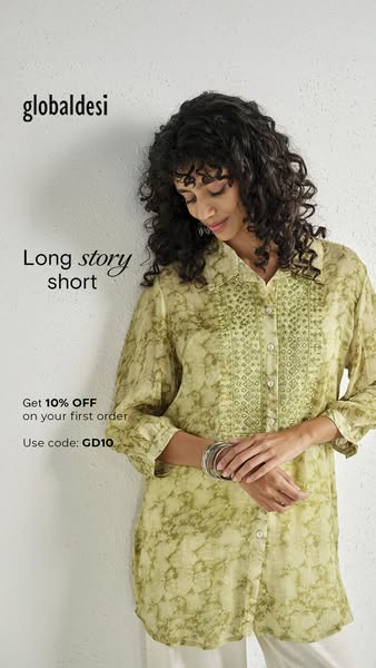 This image ad from Global Desi offers 10% off your first order. The ad features a woman wearing a patterned button-down 