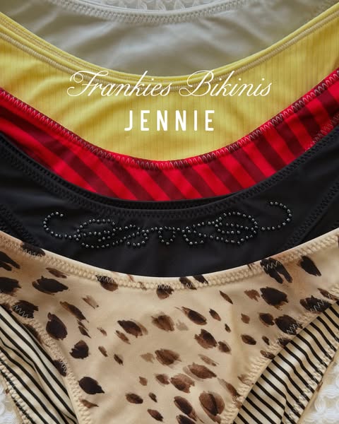A close up image showcases five different styles of bikini bottoms from Frankie's Bikinis new Jennie collection.