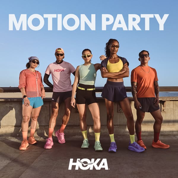 This ad features five people standing in front of a beachy background with the text 'MOTION PARTY' above them an
