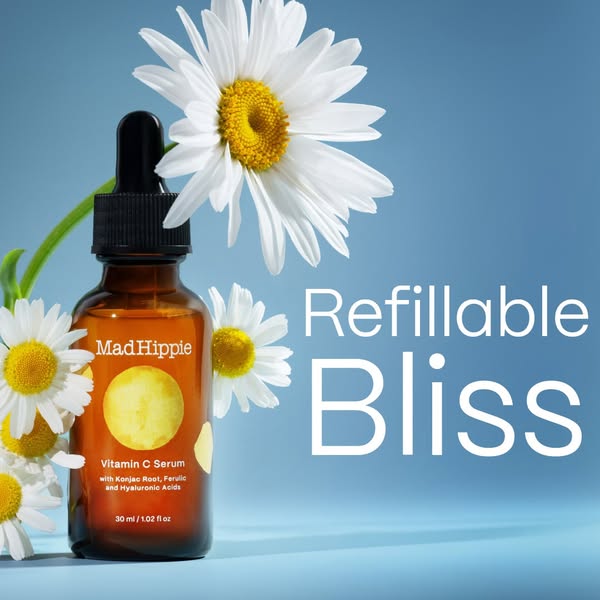 This ad highlights Mad Hippie's Vitamin C Serum, emphasizing its refillable nature and natural ingredients, all set 