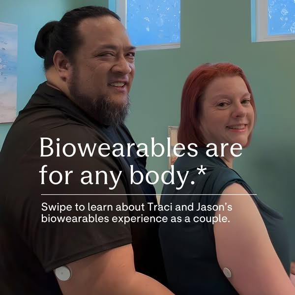 This is an image ad featuring a male and female couple wearing biowearable devices. The ad aims to promote the inclusivi