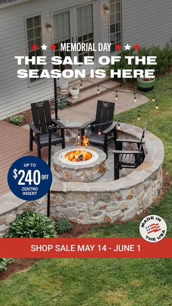 This image ad promotes a Memorial Day sale on Zentro fire pit inserts, offering up to $240 off. The ad showcases an outd