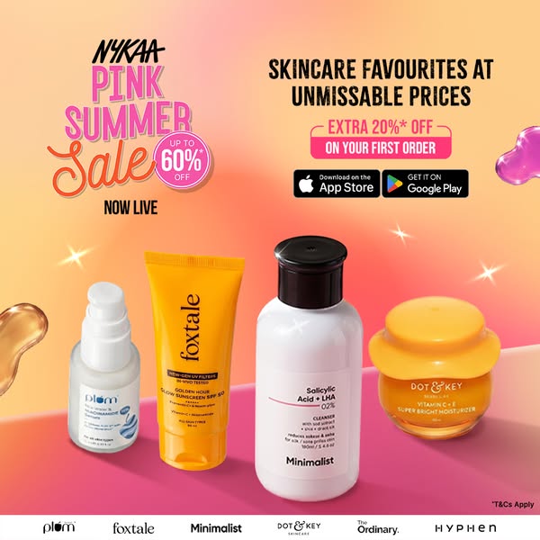 A vibrant ad showcasing various skincare products available at NYKAA's Pink Summer Sale, emphasizing discounts and a