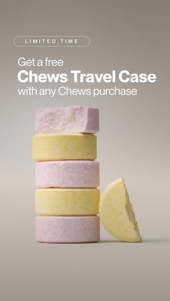 This ad promotes Chews brand tablets, offering a free travel case with any Chews purchase for a limited time. The image 