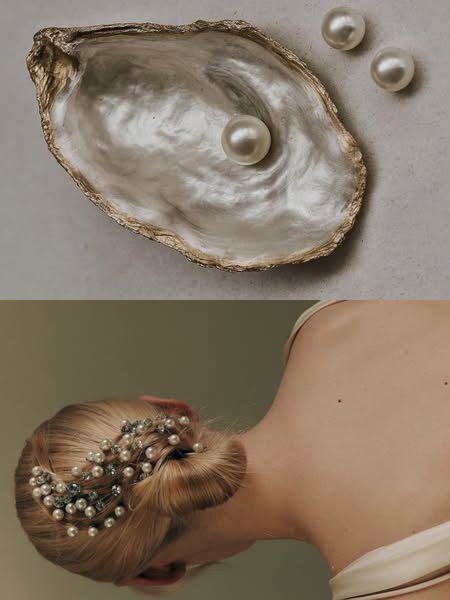This image ad is showcasing the brand's pearl jewelry. The top half of the image features pearl beads arranged in an