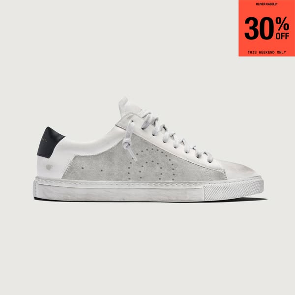 This ad features a white Oliver Cabell sneaker on sale for a limited time.
