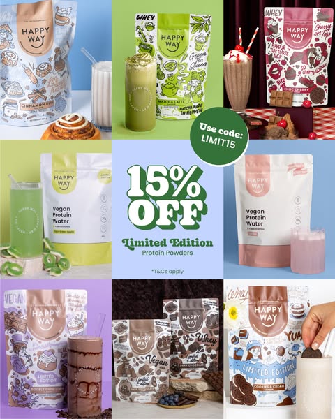 This image ad features a collage-style layout showcasing various protein powder products from Happy Way. The ad promotes
