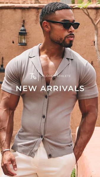 An image ad for Tailored Athlete showcasing a new arrivals button-down shirt worn by a muscular man.