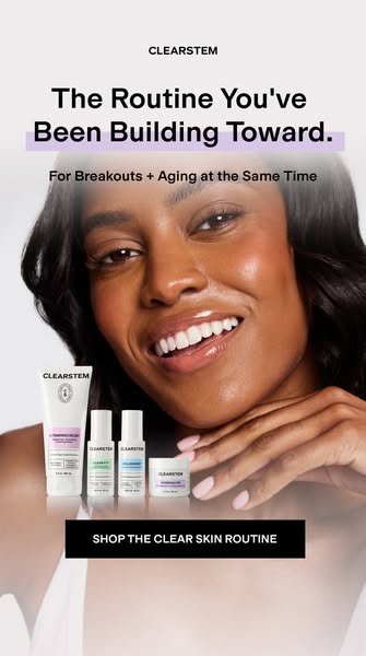 This image ad showcases CLEARSTEM skincare products alongside a smiling woman. The ad highlights the products' abili