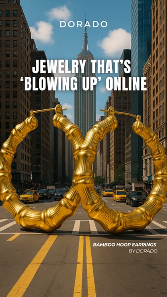 This image ad for Dorado features an outdoor shot of two bamboo hoop earrings lying in the middle of a New York City cro