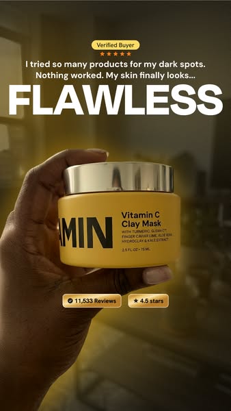 The image ad showcases the "Vitamin C Clay Mask" from MIN. The ad features a testimonial from a verified buyer