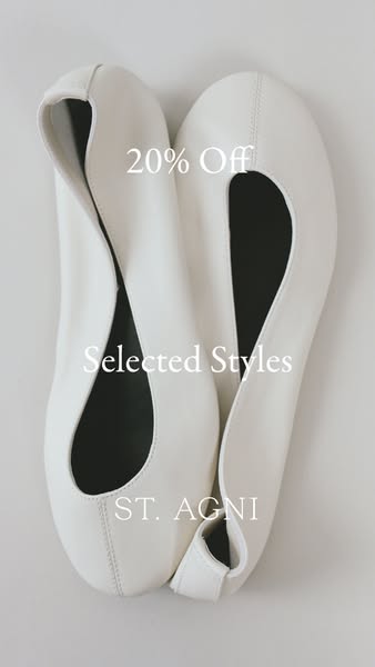 The image promotes a 20% discount on select styles from ST. AGNI, showcasing a pair of folded white ballet flats in a mi