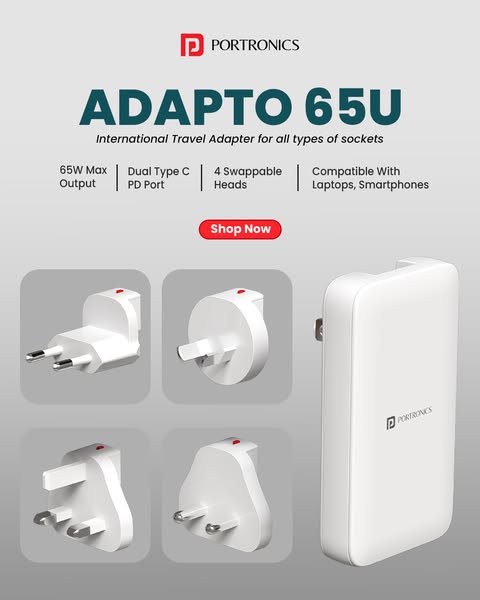 The ad showcases the Portronics Adapto 65U International Travel Adapter, highlighting its key features such as 65W Max O