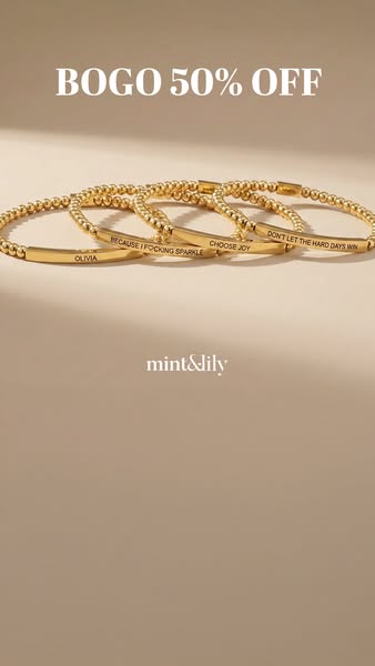 This image ad features four gold beaded bracelets from Mint & Lily, each with a different inscription. The ad promot