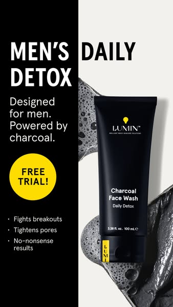This ad promotes Lumin's Charcoal Face Wash, targeting men seeking a daily detox for their skin. The ad highlights t