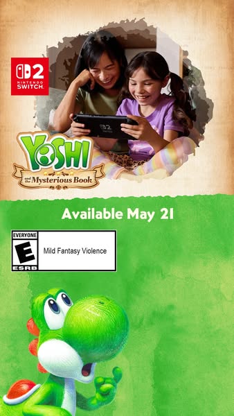 This image ad promotes the Yoshi and the Mysterious Book game available on Nintendo Switch. The ad features two people s