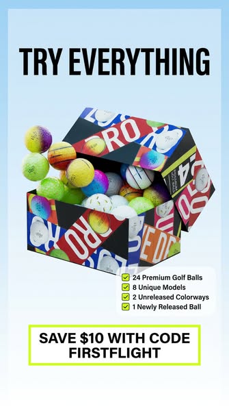 This image ad showcases a variety pack of golf balls in a colorful box. The ad highlights key features such as the numbe