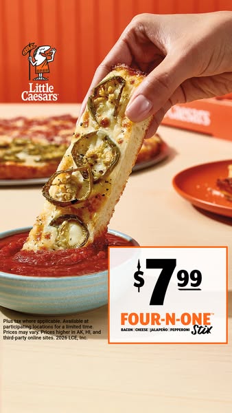 This is a close-up of the Four-N-One Stix. A hand is shown dipping one of the stix into a bowl of sauce.