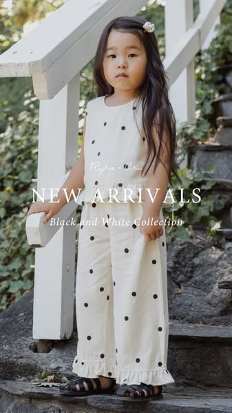 An image ad for Rylee + Cru's Black and White Collection features a young girl modeling a two-piece outfit. The bran