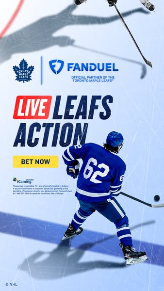 This ad promotes FanDuel as the official partner of the Toronto Maple Leafs, encouraging users to bet on live Leafs acti
