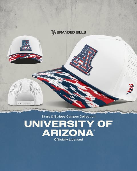 This ad showcases a white Branded Bills hat with the University of Arizona logo, as part of the Stars & Stripes Camp