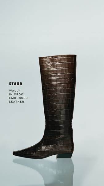 This ad features a single high-fashion boot against a clean backdrop, highlighting its unique texture and design.