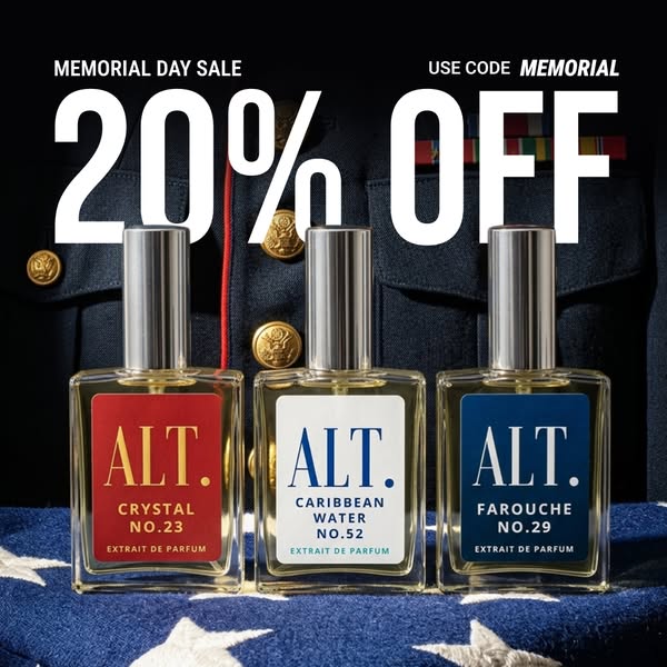 This image ad for ALT. Fragrances promotes a 20% off Memorial Day sale. It features three different fragrances from the 