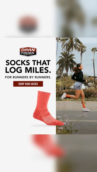 This ad for Darn Tough socks features a woman running outside with palm trees and the ocean in the background. The copy 