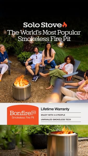 This ad is for Solo Stove's Bonfire smokeless fire pit, emphasizing its popularity, lifetime warranty, and ability t