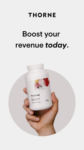 This ad for Thorne's Methyl-Guard dietary supplement features a hand holding the product against a neutral backgroun