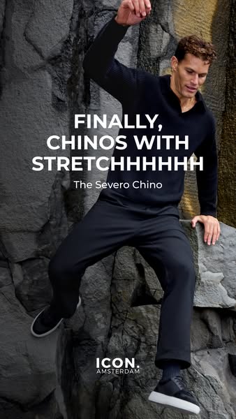 This ad features a man wearing ICON.AMSTERDAM chinos. The headline emphasizes the stretchiness of the pants. The man is 