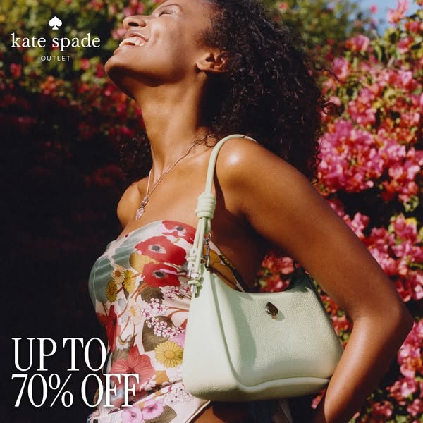 This image ad for Kate Spade Outlet features a woman carrying a light green purse. The ad highlights a sale of up to 70%