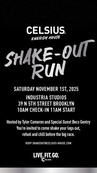 This ad promotes a shake-out run event hosted by Celsius Energy House, featuring Tyler Cameron and Becs Gentry. The even