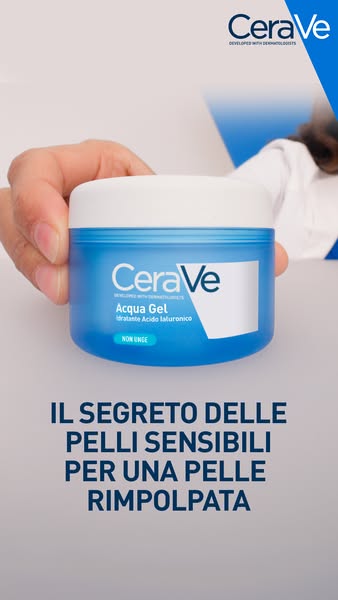 This ad uses Italian to present CeraVe's moisturizing Acqua Gel as the secret to sensitive skin, promising a plumped