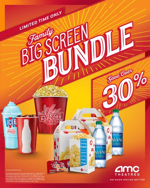 This ad promotes the AMC Theatres Family Big Screen Bundle. The ad features an image of the bundle's contents, inclu