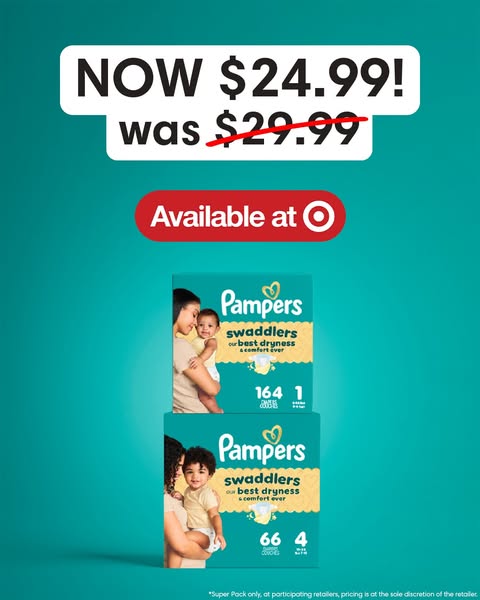 This image advertises Pampers Swaddlers diapers at a discounted price at Target. Two packages of diapers are stacked on 