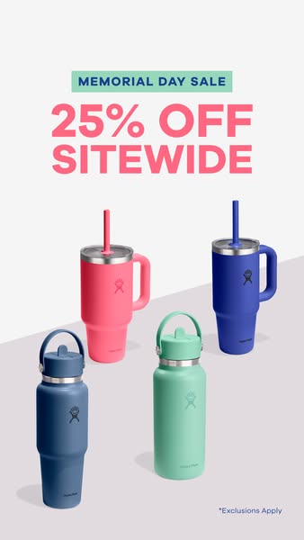 This ad showcases Hydro Flask's insulated water bottles and tumblers, highlighting a 25% off sitewide Memorial Day S