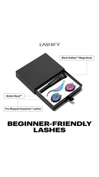 The ad showcases a Lashify starter kit including pre-mapped lashes, bond, and the application wand. It emphasizes the pr