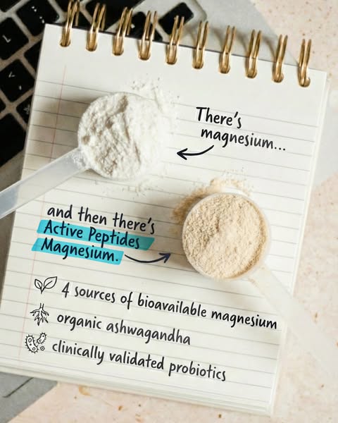 This ad promotes a magnesium supplement, emphasizing its superior form of Active Peptides Magnesium compared to regular 