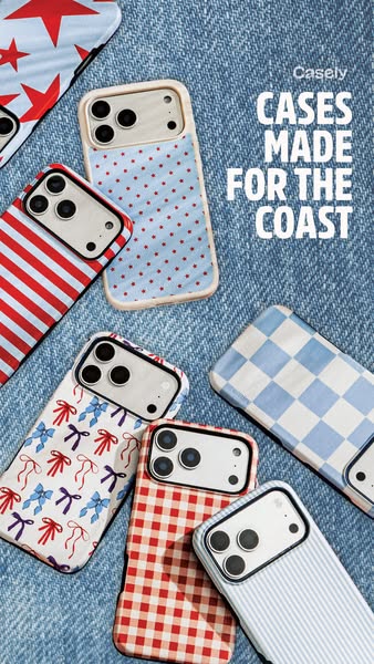 This ad showcases Casely phone cases in a variety of coastal-themed designs. The cases are arranged on a denim backgroun
