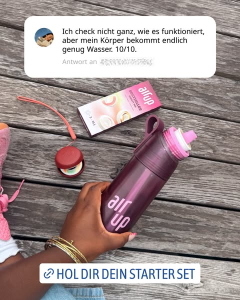 The image ad features an Air Up water bottle and starter set. A customer testimonial praising the product is featured at
