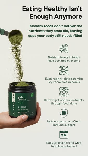 This static image ad highlights that modern foods lack essential nutrients, which can be supplemented with Factor Form D