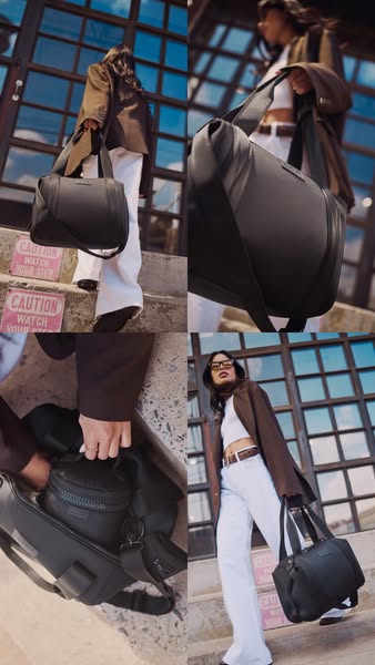 An image ad showing a woman walking with a duffel bag, placing a smaller bag inside, and continuing to walk with the duf